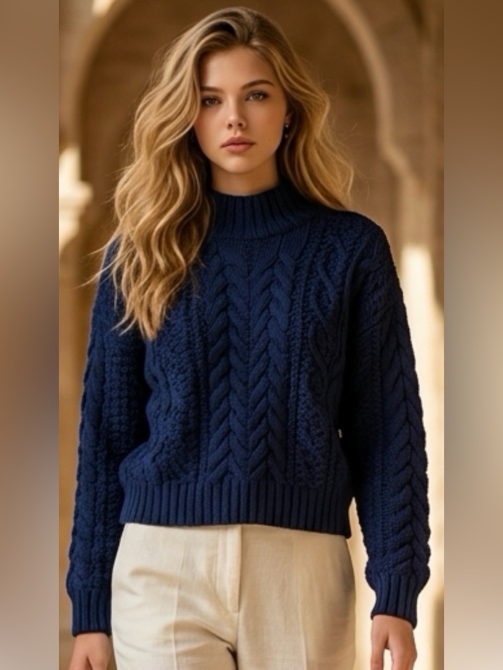Navy blue cable knit crochet baby soft mock neck sweater women’s small NEW​